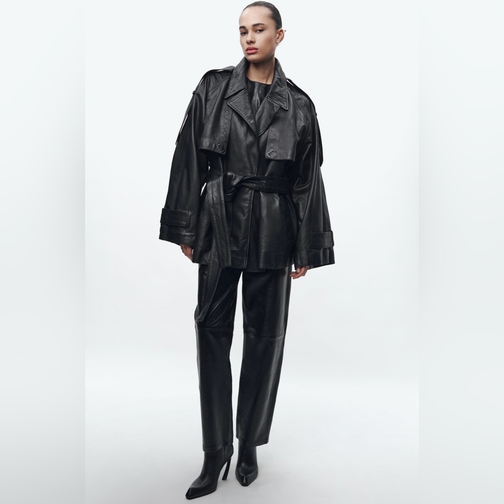 Zara Black Oversized Leather Trench Coat with Belt - Picture 3 of 10
